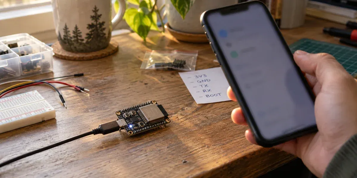 ESP32 开发板与手机放在桌面的接入原型示意，非 Muse 实机测试