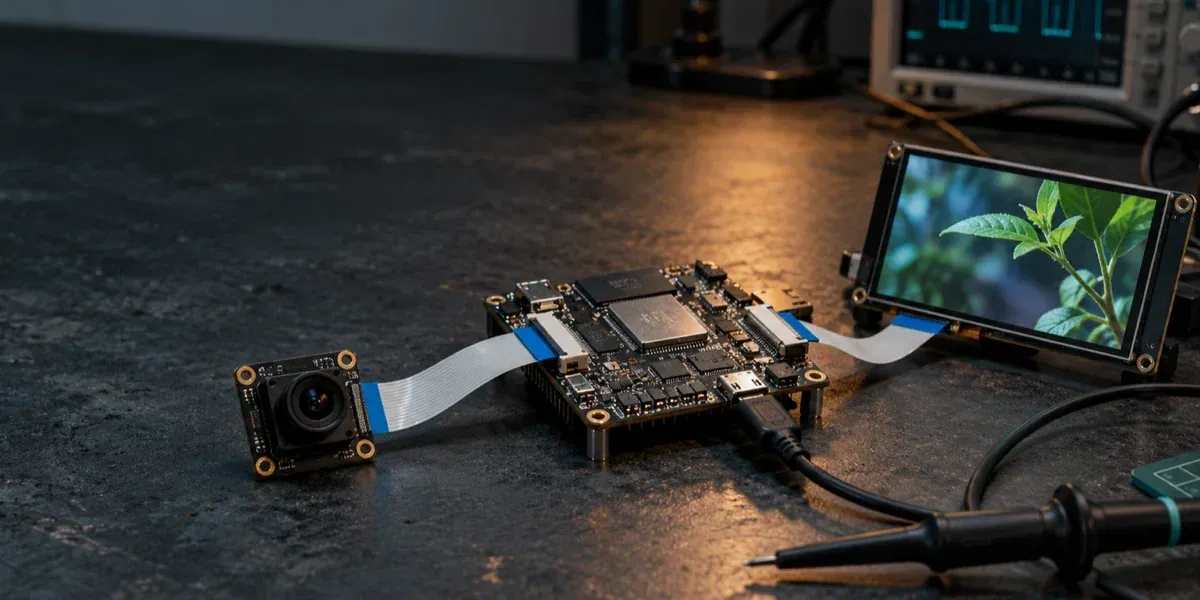 摄像头、开发板、显示屏与测试设备组成的 ESP32-P4 图像链路调试示意