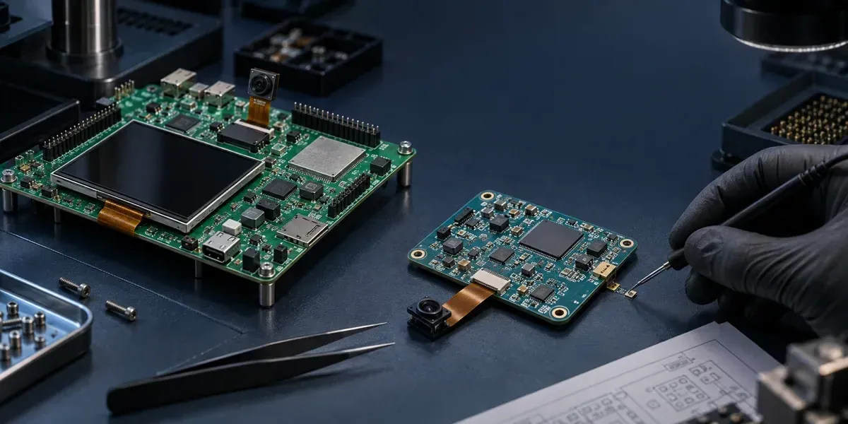开发板与定制 PCB 在工作台接受硬件设计审查的概念示意