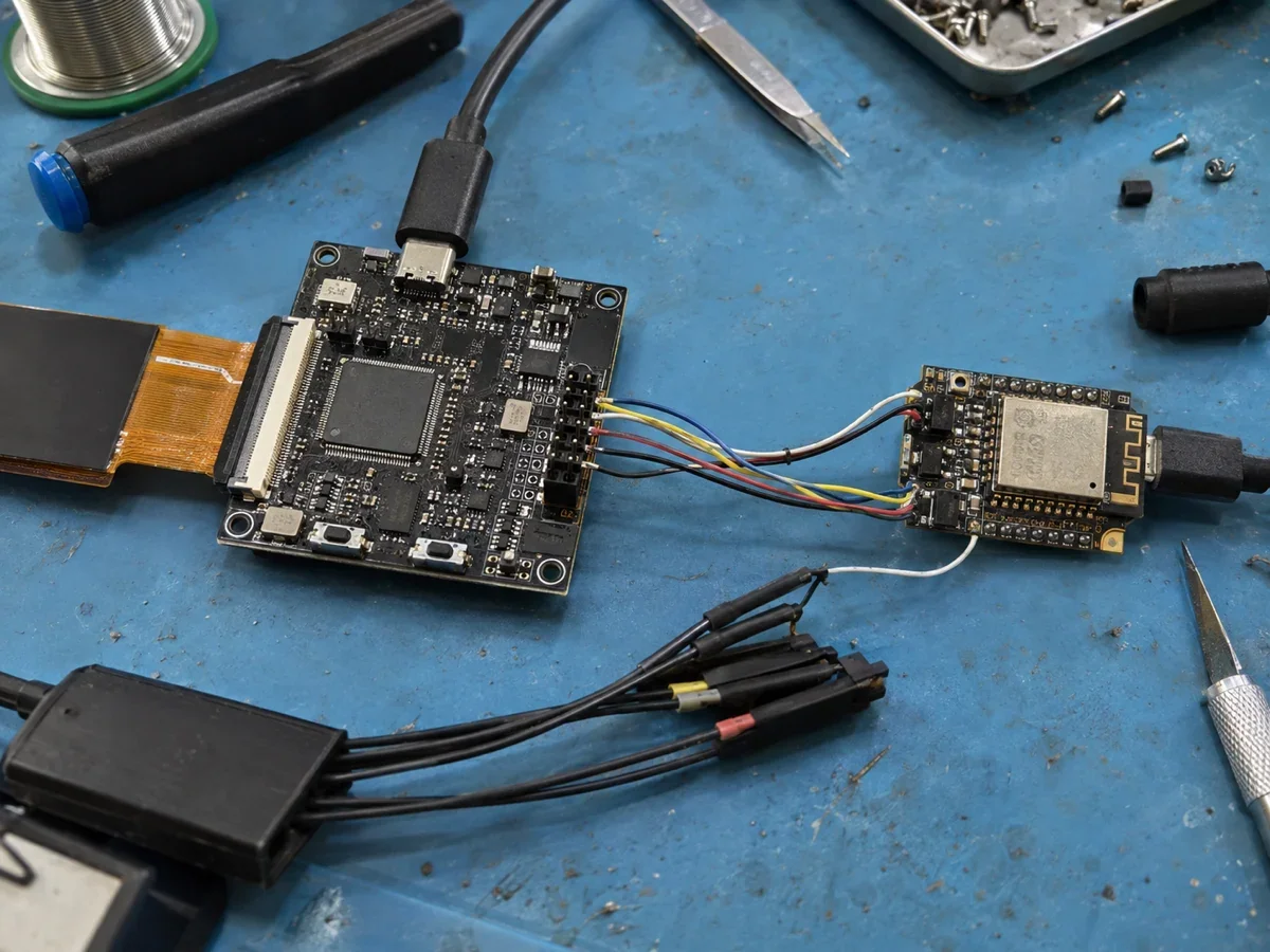 P4 主控板与 C6 无线协处理器通过板间信号线连接,并接入逻辑分析仪准备验证 transport 与复位时序