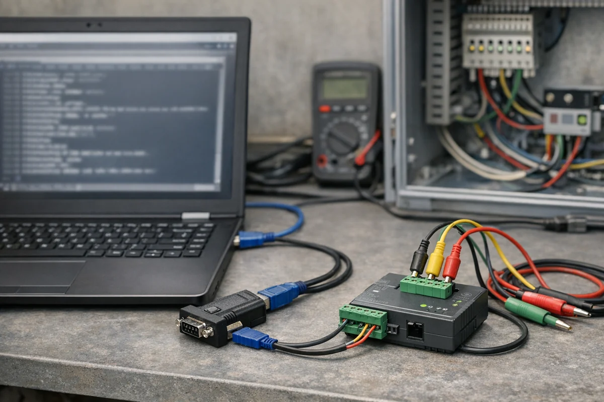 串口与 Modbus 调试工具链怎么选:NetAssist、CoolTerm、Modbus Poll 的分工 39 Serial and Modbus debugging bench with laptop, USB serial adapter and RS485 gateway