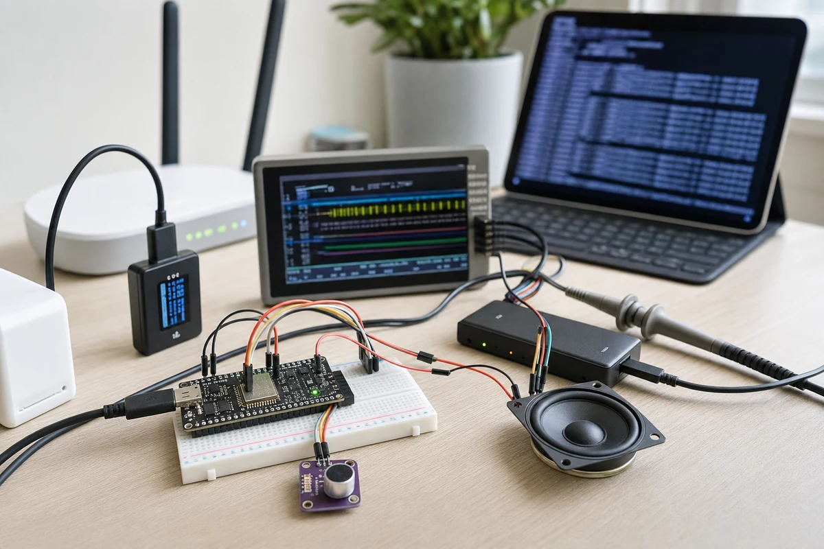 ESPHome voice satellite Wi-Fi and audio bench